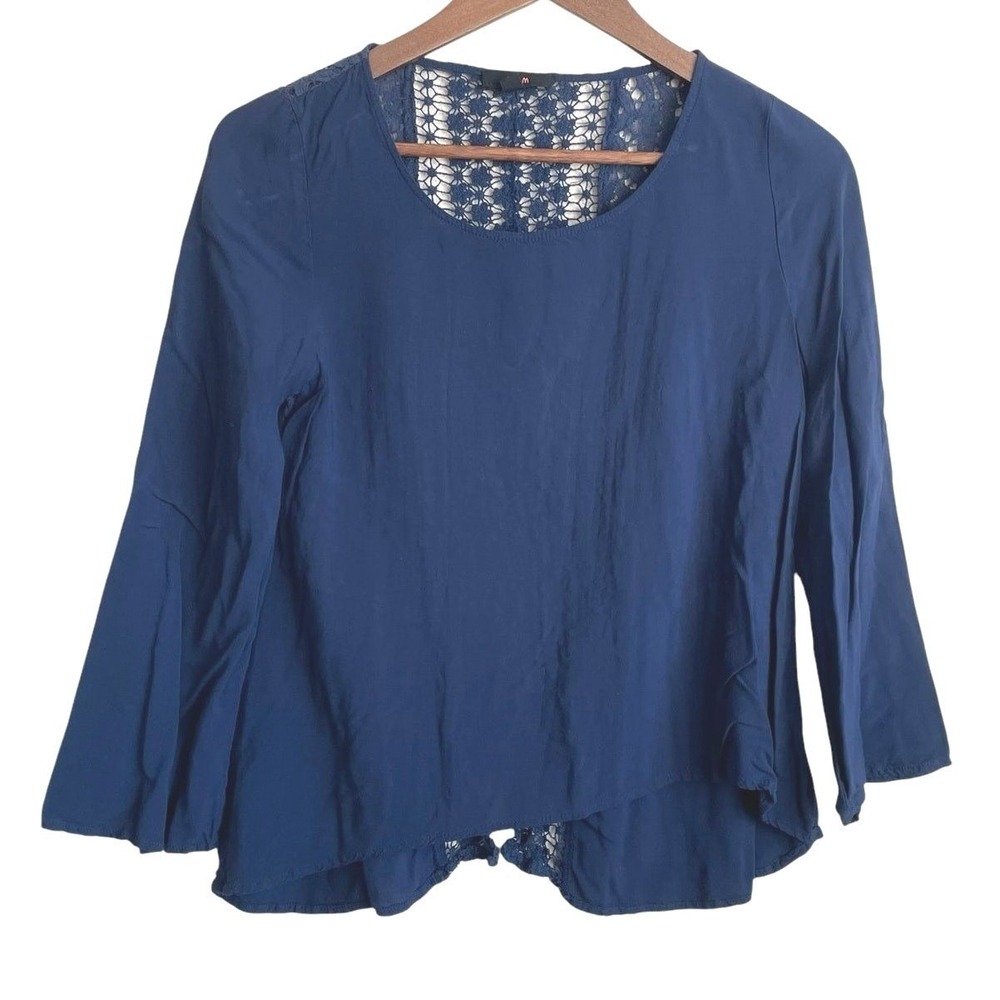 E&M Women Boho Romantic Lace Back Top S Blue Cottage Crochet Bell Sleeve Boho